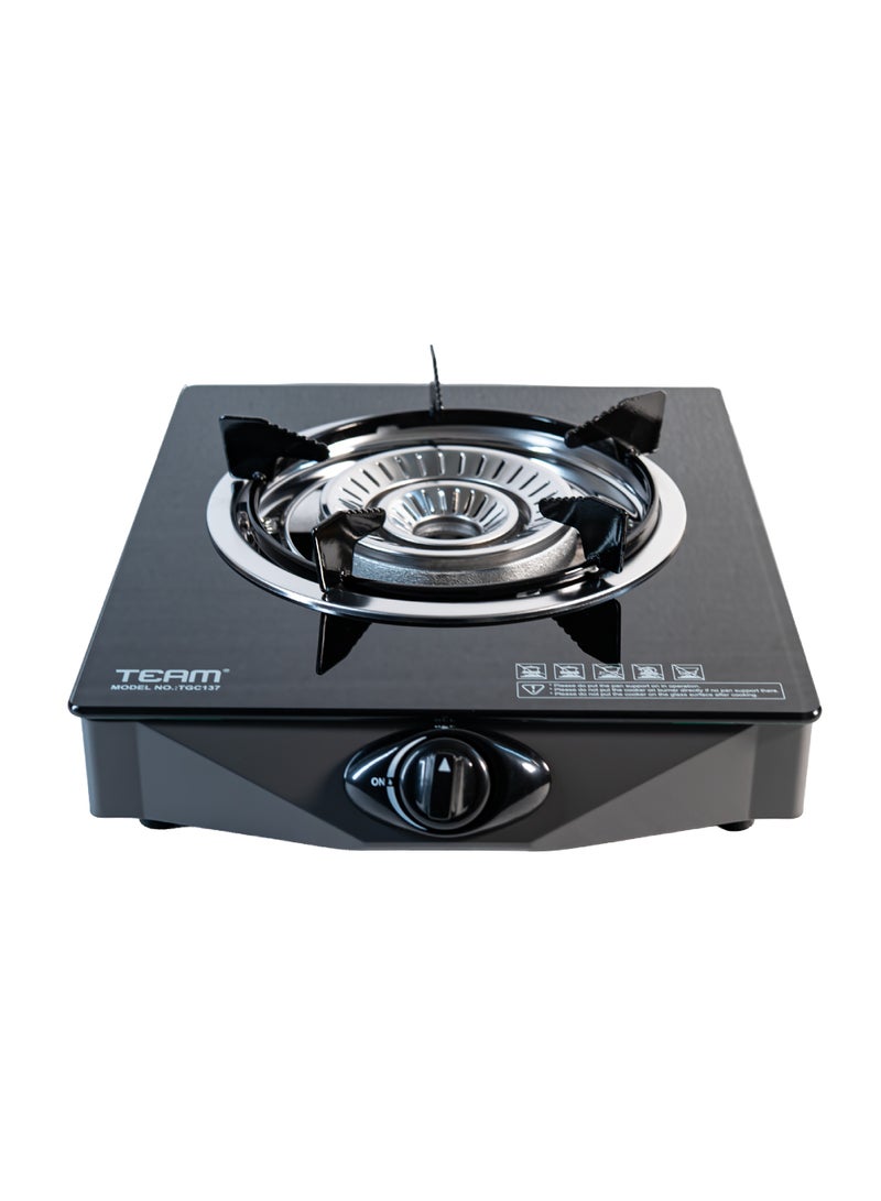 TEAM Single Burner Gas Cooker with Automatic Ignition, Toughened Glass Top, Whirlwind Flame Design, Portable LPG Stove for Kitchen & Outdoor Cooking - Image 1